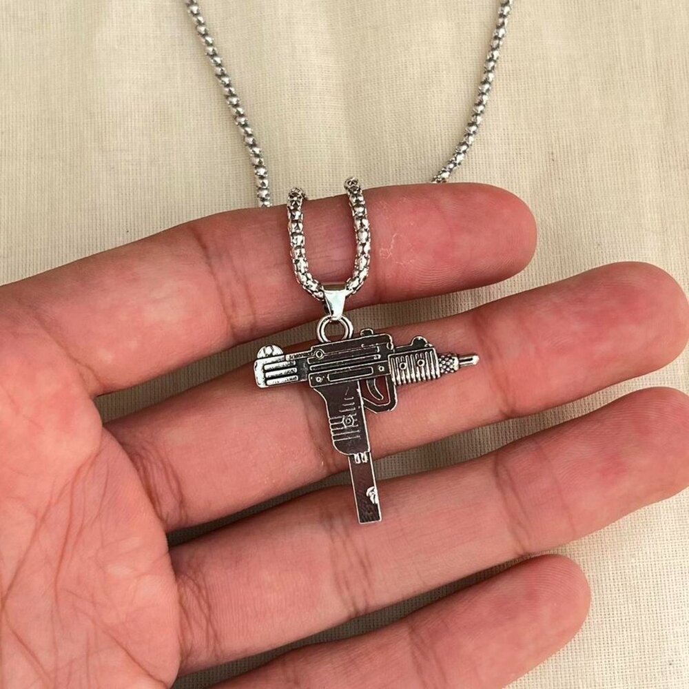y2k 2000s heavy metal gothic gun pendant silver mini uzi chain necklace - Picture 1 of 8